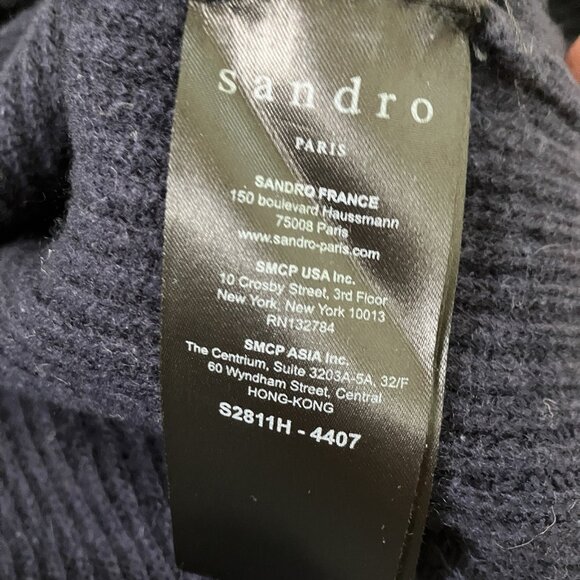 Sandro Paris Wool Lace Insert Sweater Womens 6 Navy Blue Knit Boho Oversized - Picture 7 of 11